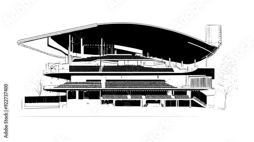 Cross-section of a stadium, detailing seating areas, concession stands, and player facilities, vector illustration art