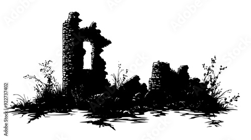 Crumbling stone fortress with collapsed walls and overgrown vegetation, vector illustration art