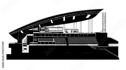 Cross-section of a stadium, detailing seating areas, concession stands, and player facilities, vector illustration art