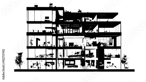 Cutaway of a modern skyscraper showing interior office spaces and structural components, vector illustration art