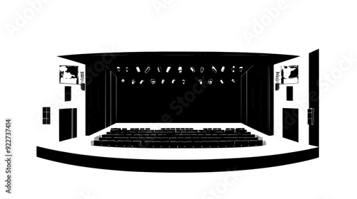 Cutaway of a theater, depicting the stage, audience seating, and backstage areas, vector illustration art