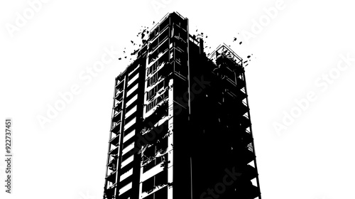 Decayed high-rise building with shattered windows and exposed structural elements, vector illustration art