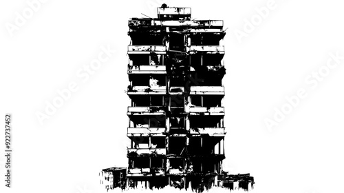 Decayed high-rise building with shattered windows and exposed structural elements, vector illustration art