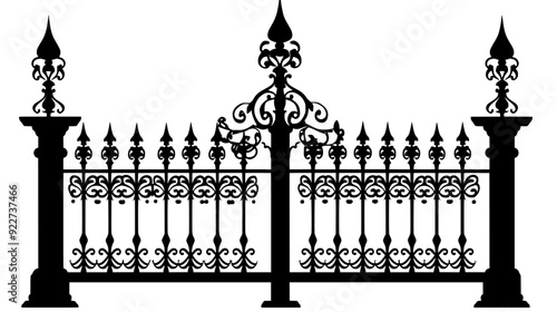 Depiction of a wrought iron fence with elaborate scrollwork and pointed finials, vector illustration art
