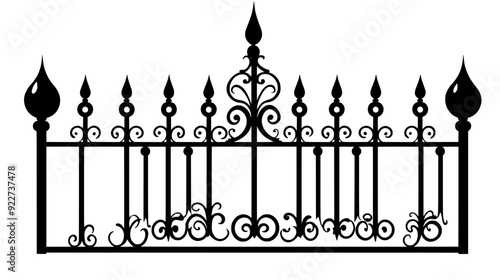 Depiction of a wrought iron fence with elaborate scrollwork and pointed finials, vector illustration art