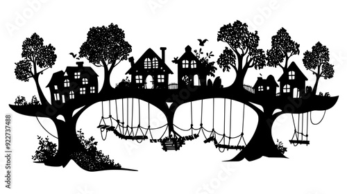 Enchanted forest village with treehouses connected by rope bridges, vector illustration art