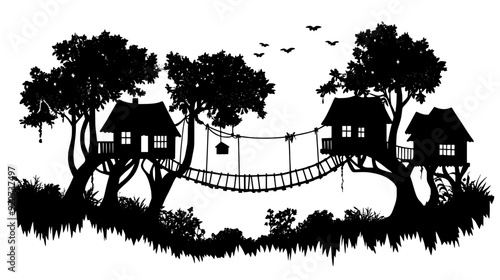 Enchanted forest village with treehouses connected by rope bridges, vector illustration art