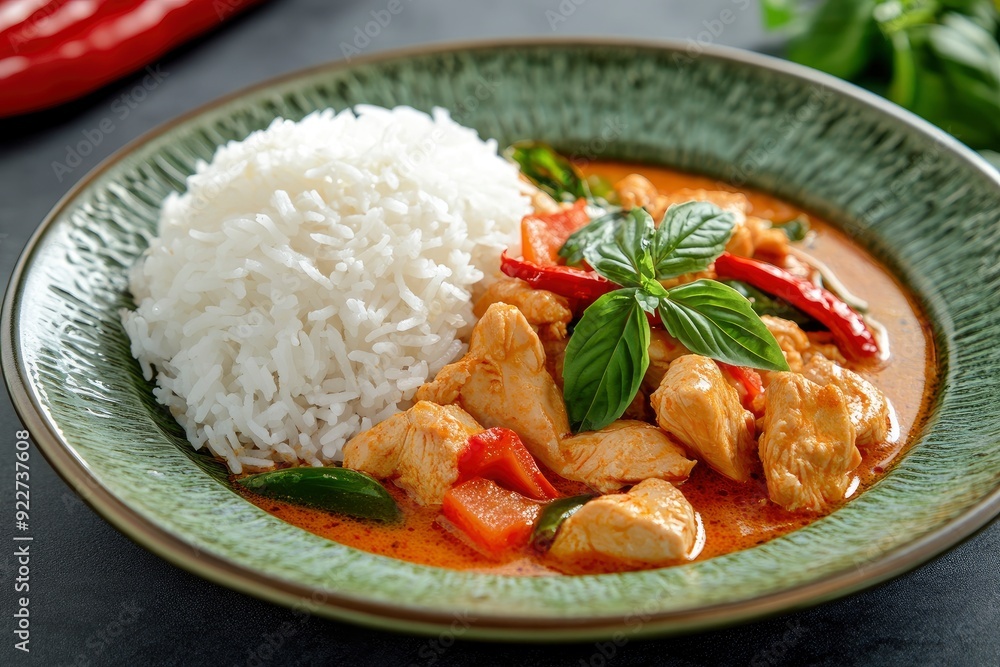 Thai food, Thai chicken red curry with stream rice (panang) in a green plate on grey background.Selective focus - generative ai Thai food, Thai chicken red curry with stream rice (panang) in a green plate on grey background.Selective focus - generative ai
