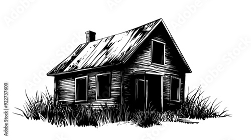 Dilapidated house with sagging roof, boarded-up windows, and neglected yard, vector illustration art