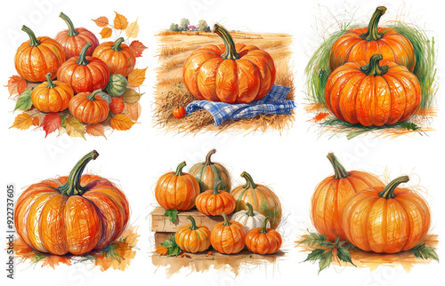 Autumn pumpkins. Set of watercolor illustrations isolated on white background.