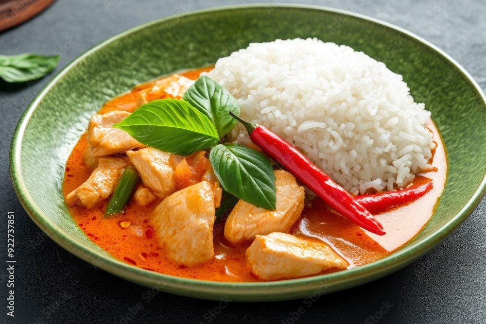 Thai food, Thai chicken red curry with stream rice (panang) in a green plate on grey background.Selective focus - generative ai Thai food, Thai chicken red curry with stream rice (panang) in a green plate on grey background.Selective focus - generative ai