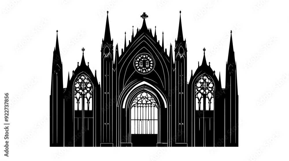 Fototapeta premium Grand cathedral with flying buttresses and tall stained glass windows, vector illustration art