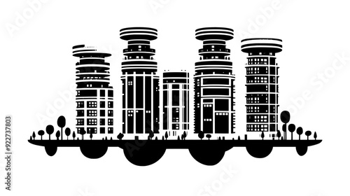 Futuristic residential complex with multiple towers connected by elevated walkways, vector illustration art
