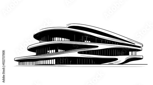 Futuristic office building with an undulating facade and spacious atrium, vector illustration art
