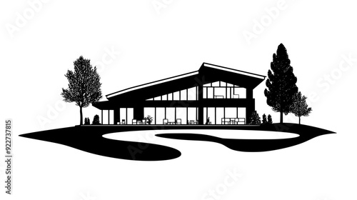 Golf clubhouse with an expansive terrace overlooking a manicured golf course, vector illustration art