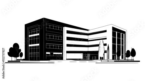 Government ministry building with modern architecture and large courtyard, vector illustration art