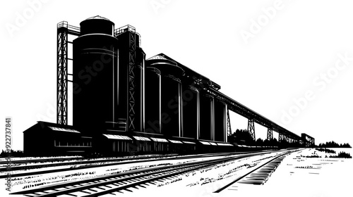 Grain elevator with multiple storage bins, adjacent to railway tracks for transportation, vector illustration art