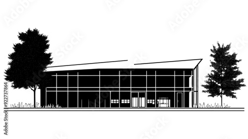 Gymnasium with large, rectangular windows adjacent to a playing field, vector illustration art