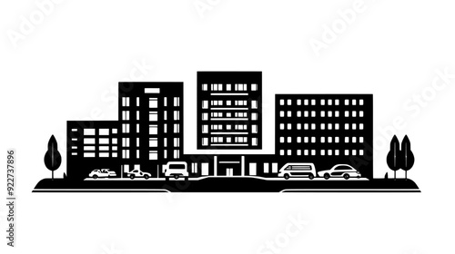Healthcare complex with a main building, several annexes, and a spacious parking area, vector illustration art