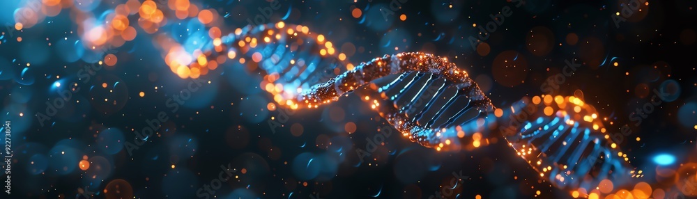 Glowing blue DNA strand, surrounded by a network of connections, scientific concept Glowing blue DNA strand, surrounded by a network of connections, scientific concept