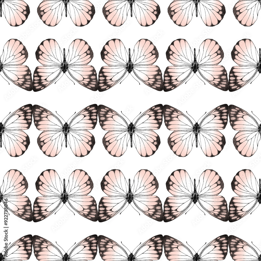 Seamless pattern of realistic pink butterfly. Hand drawn illustration. Painted butterflies elements on white background. Animal motif. For fabric, textile, design, banner, wrapping paper. Seamless pattern of realistic pink butterfly. Hand drawn illustration. Painted butterflies elements on white background. Animal motif. For fabric, textile, design, banner, wrapping paper.