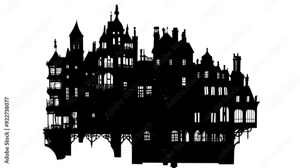 Large building with spiral staircases and pointed rooftops, vector illustration art Large building with spiral staircases and pointed rooftops, vector illustration art