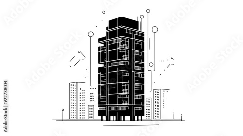 High-tech residential tower with modular design and integrated smart home technologies, vector illustration art