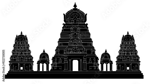 Hindu temple with a towering gopuram and intricately carved sculptures, vector illustration art