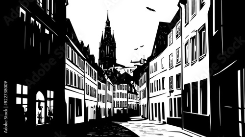 Historic city center with narrow streets, densely packed buildings, and prominent cathedral in the distance, vector illustration art