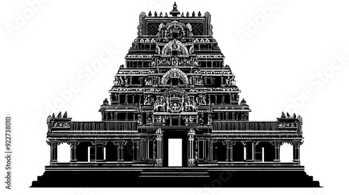 Hindu temple with a towering gopuram and intricately carved sculptures, vector illustration art