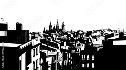 Historic city center with narrow streets, densely packed buildings, and prominent cathedral in the distance, vector illustration art
