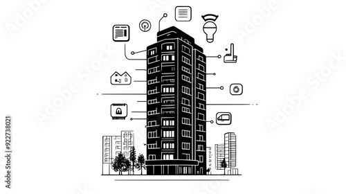 High-tech residential tower with modular design and integrated smart home technologies, vector illustration art