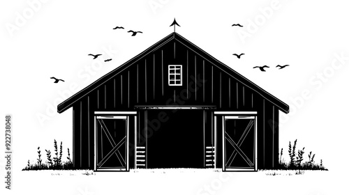 Large barn with a peaked roof and double doors, situated in the middle of farmland, vector illustration art