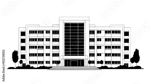 Large administrative building with a prominent entrance and standardized facade, vector illustration art