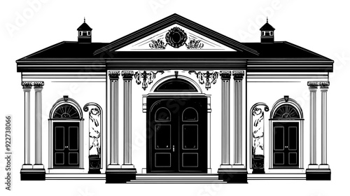 Historic structure with traditional architectural elements and large wooden doors, vector illustration art