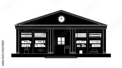 Historical society building with archival storage, research rooms, and exhibit displays, vector illustration art
