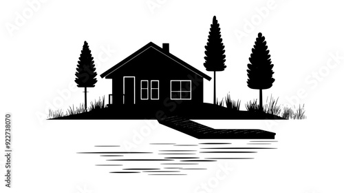 Lakeside cottage with a sloped roof, a wooden deck, and a dock extending into the water, vector illustration art