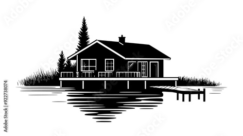 Lakeside cottage with a sloped roof, a wooden deck, and a dock extending into the water, vector illustration art