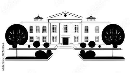 Large building with a wide entrance, flanked by tall pillars, and a flat roof, vector illustration art
