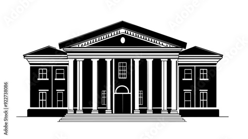 Large building with a wide entrance, flanked by tall pillars, and a flat roof, vector illustration art