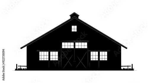 Large barn with a peaked roof and double doors, situated in the middle of farmland, vector illustration art