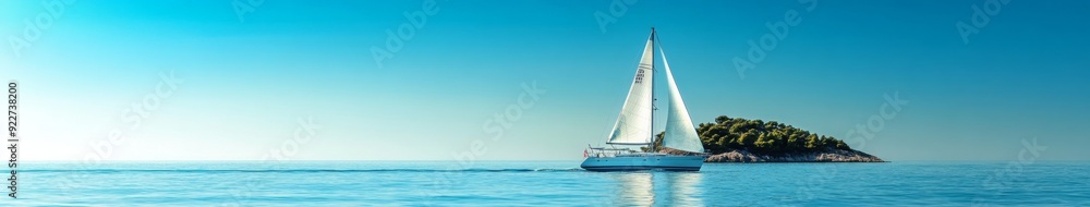 Sailing Serenity: A Majestic Sailing Yacht Glides Through the Azure Waters with an Island and Clear Blue Sky in the Background. Sailing Serenity: A Majestic Sailing Yacht Glides Through the Azure Waters with an Island and Clear Blue Sky in the Background.