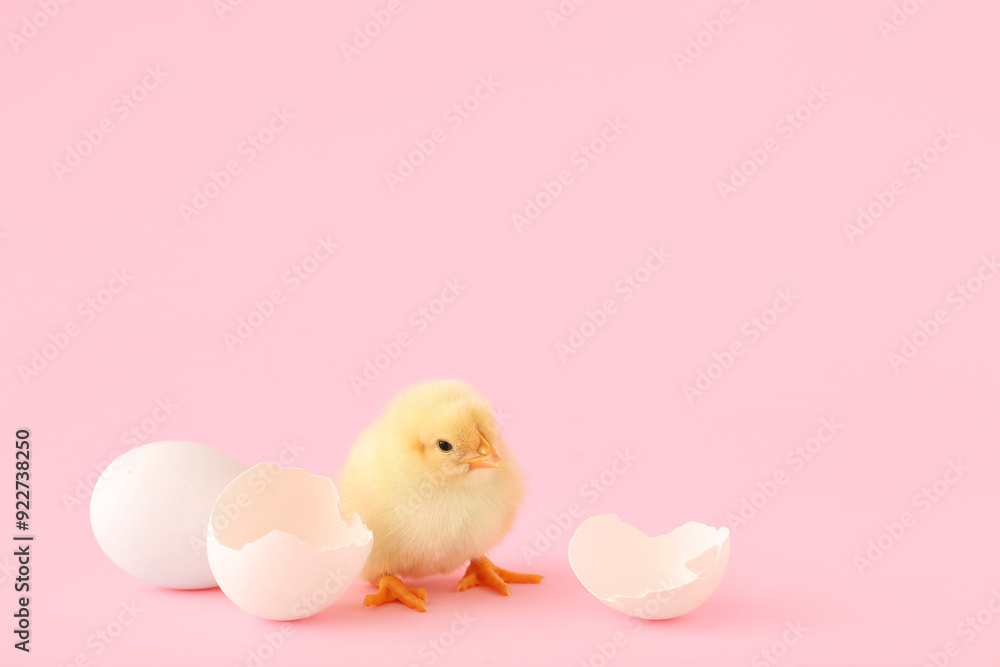 Cute little chick with egg shell on pink background Cute little chick with egg shell on pink background