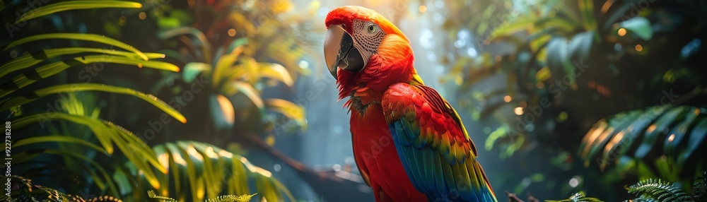 Obraz premium Parrot in pirate attire, lush jungle with a ship in the background
