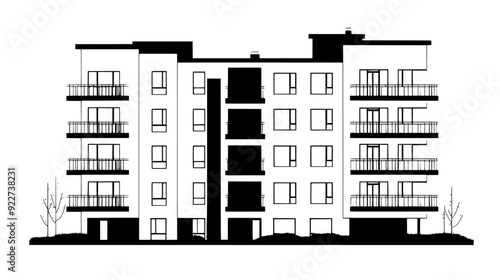 Luxury apartment building with balconies on each floor, overlooking a landscaped courtyard, vector illustration art