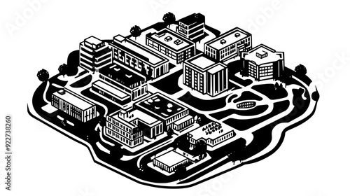 Large university campus with interconnected buildings, courtyards, and walkways between the various facilities, vector illustration art