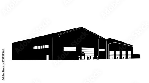 Large warehouse structure with a high roofline and multiple loading docks, vector illustration art