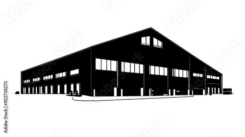 Large warehouse structure with a high roofline and multiple loading docks, vector illustration art