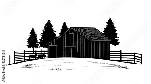 Livestock barn with fenced areas, situated close to a cluster of trees, vector illustration art