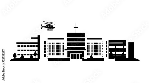 Large hospital complex with multiple wings, emergency entrance, and a helipad on the roof, vector illustration art